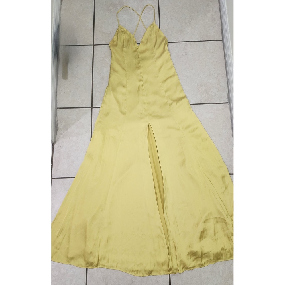 Lovers and Friends Yellow Satin‎ Maxi Dress V-Neck Slit Open Back NWT Size S